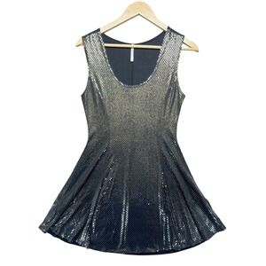 Black Gold Sequin Fit Flare Party Mini Dress M Y2K Retro Party Bodycon